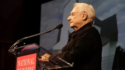 Frank Gehry, recipient of the 2007 Henry C. Turner Prize, giving a presentation about how the work of Gehry Partners and Gehry Technologies has driven construction innovation.
