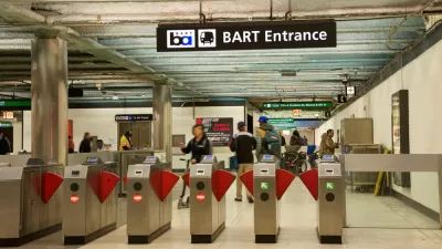 Fare gates at underground BART station in San Francisco, California