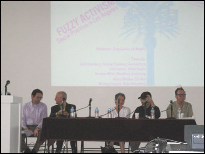 Panelists (left to right) Greg Goldin (LA Weekly), John Kaliski (Urban Studio), Julie Eizenberg (Koenig Eizenberg Architecture), Michael Rotundi (RoTo Architects), Norman Millar (Woodbury University) debate the fuzzy line between activism and good design practice. Not pictured: Alexis Rochas (SCI-Arc). (Photo by Connie Chung)