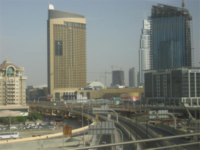 Dubai Metro: A view of the Dubai Mall from the elevated tracks.