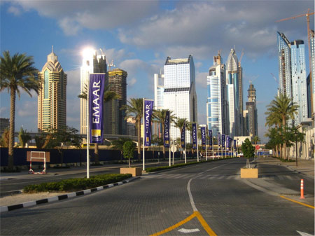 Image: Office towers along Sheikh Zayed Road near Dubai Mall Metro Station