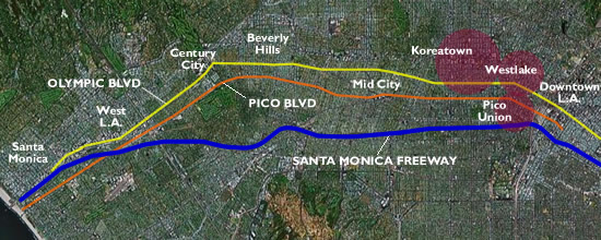 Map of Los Angeles showing Pico and Olympic Boulevards