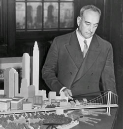 Robert Moses with model of the proposed Brooklyn Battery Bridge, 1939
