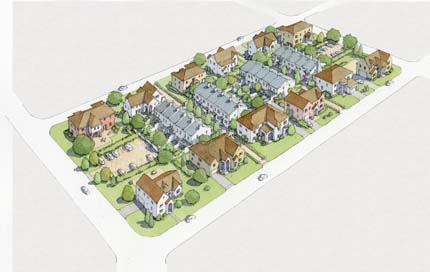 Rendering: the same block, with backyards turned into buildings.