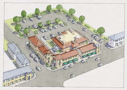 Rendering: New buildings have surrounded the drive-through.