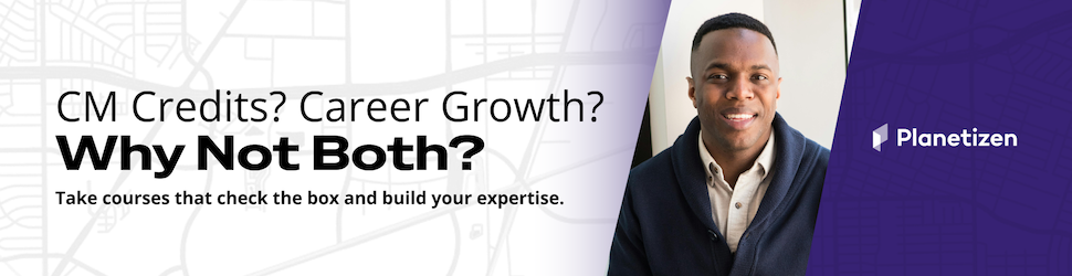Courses banner advertisement with purple, white, and a man smiling