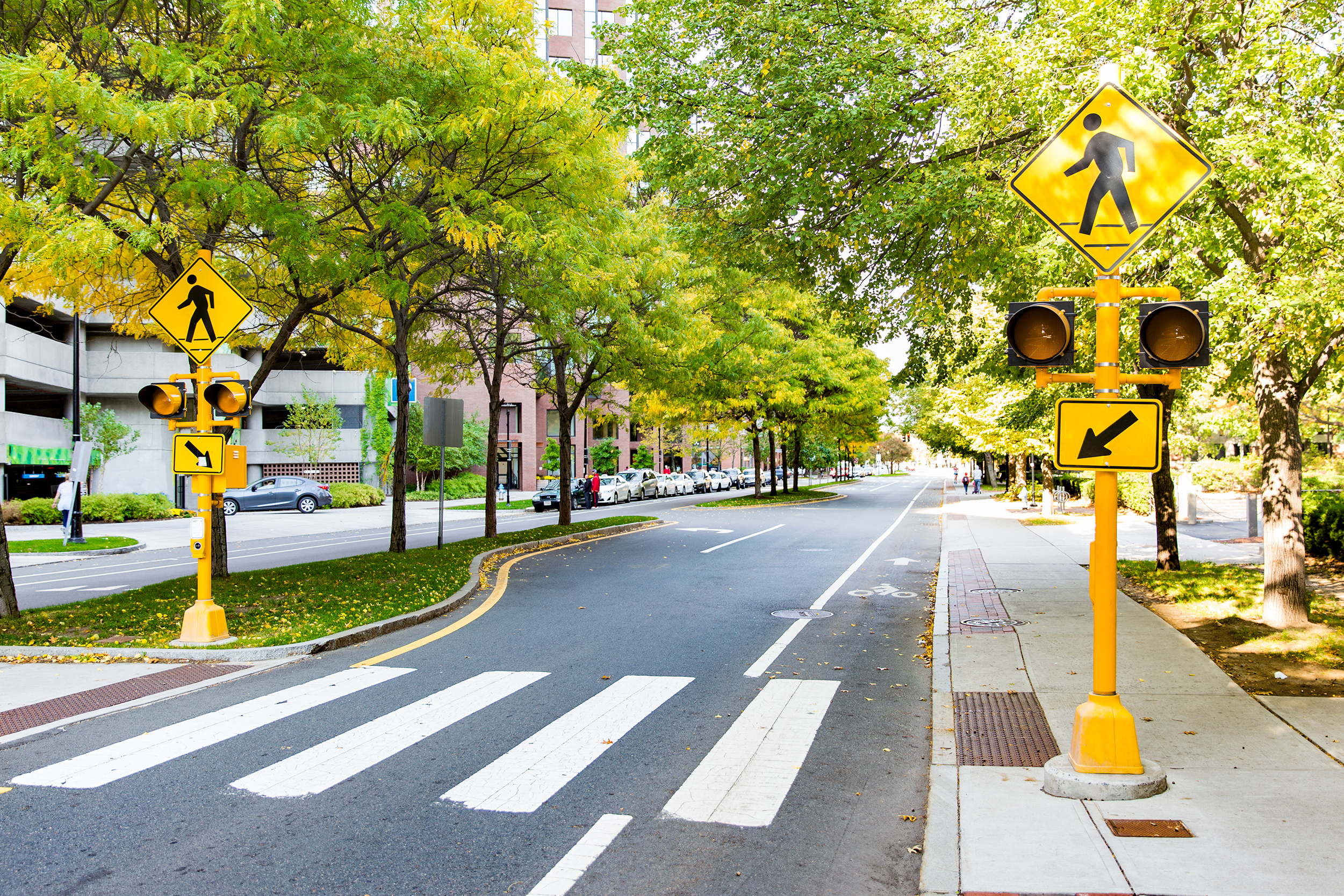 View of three traffic signs Pedestrian crossing / Zebra crossing