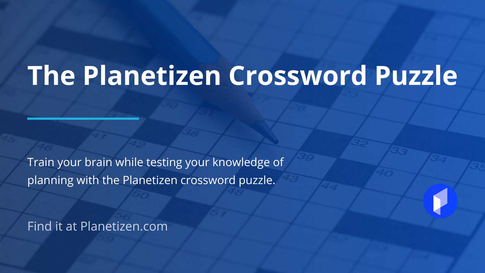 Dark blue crossword puzzle promo image with white text and faded crossword grid in background.