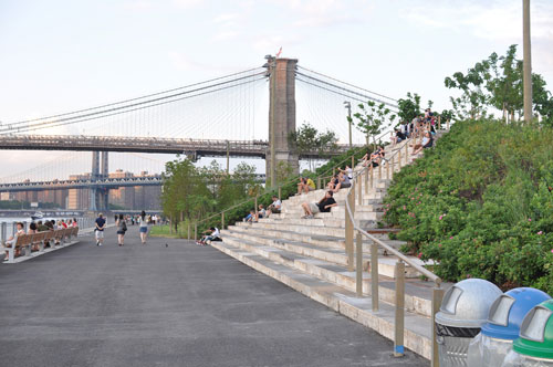 brooklyn bridge park stairs with bridge pier in background