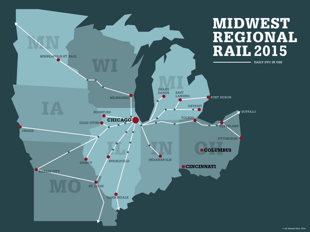 All of the routes shown on this map have at least one daily passenger train scheduled in each direction. Most routes have 2-5 daily passenger trains. Start of service to Quad Cities and Rockford delayed.