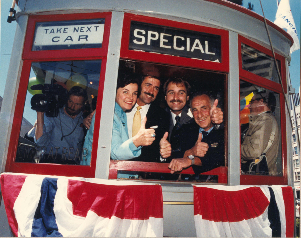 Right after this shot was snapped, Mayor Dianne Feinstein (left) took the controls of Muni Car No.1 and personally piloted it down Market Street to open the first Trolley Festival in June 1983. That success led to the permanent F-line, and now the E-line.