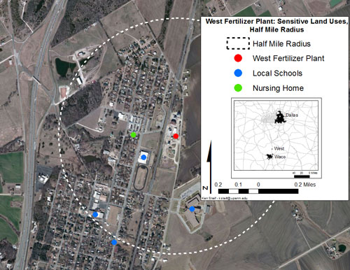 Map of 1/2 mile radius around west fertilizer plant 