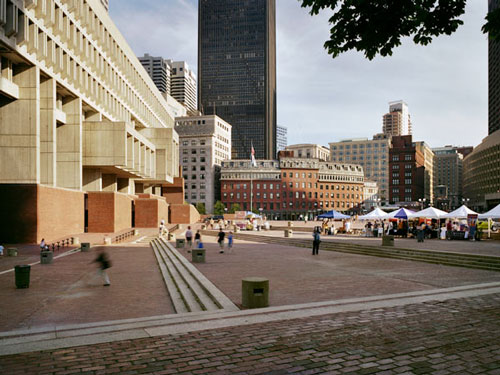 View of Boston City Hall and surrounding beick plaza