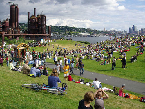 Crowds of people at Gas Works Park in Seattle