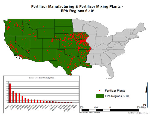 map of fertilizer manufacturing and mixing plants across the 24 states that make up EPA regions 6 through 10