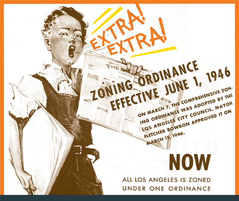 Paperboy yells Extra, Extra: Zoning Ordinane Effective June 1, 1946.