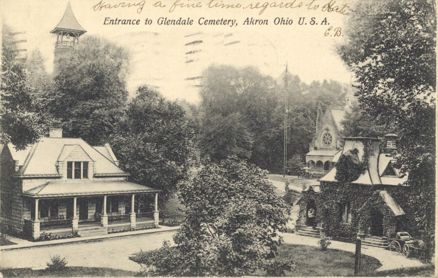 A gray pencil drawing of two large buildings and a church surrounded by trees.
