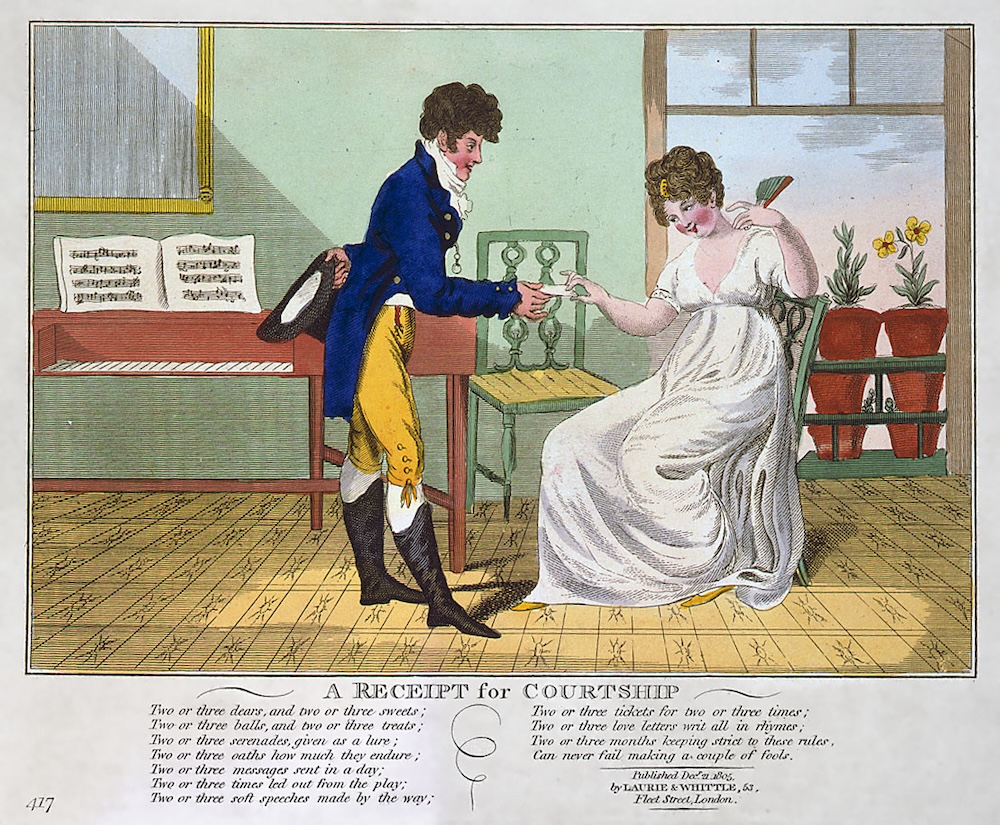 "A receipt [i.e. recipe] for courtship", a Dec. 21st 1805 caricature mildly satirizing the courting customs or romance rituals of 1805 England. 