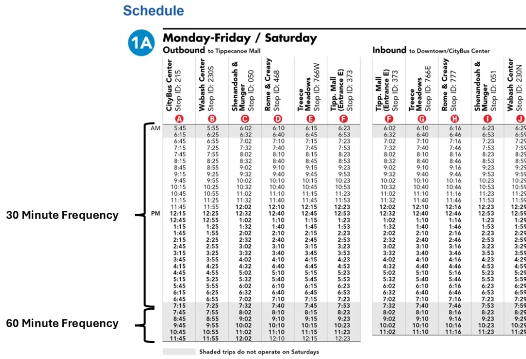 CityBus of Lafayette Route 1A Schedule