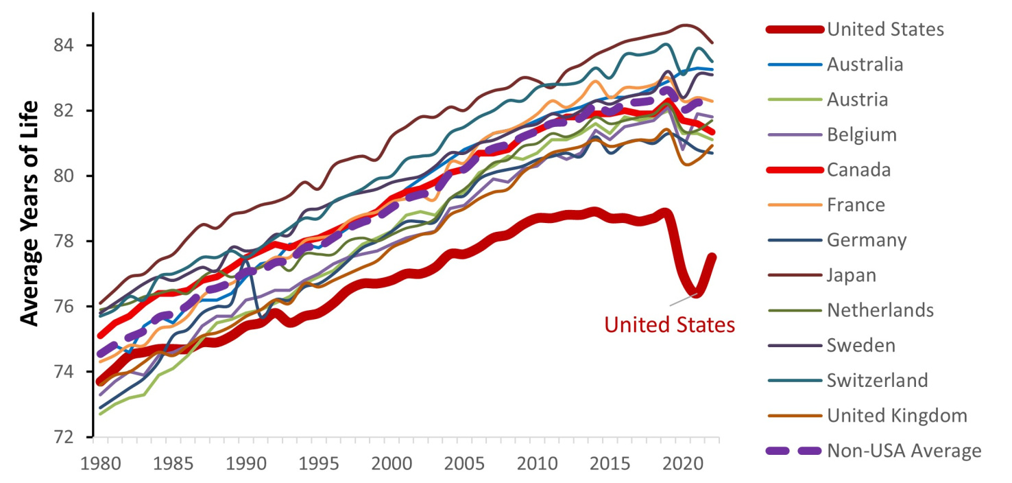 Chart of life expectancy at birth in various developed countries.