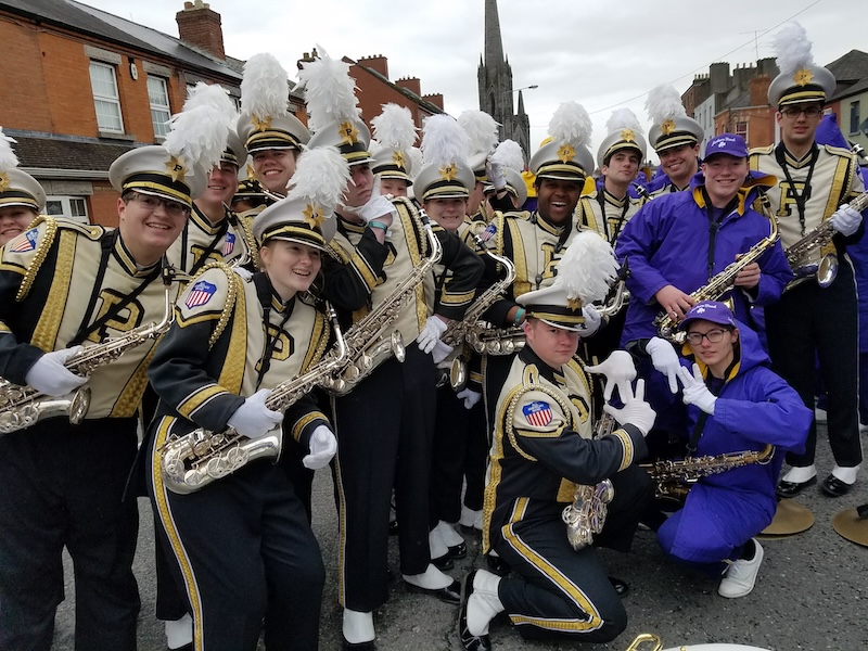 Joshua getting ready to play in the Dublin St. Patrick's Day Parade with the Purdue All American Marching Band. These days, Carly is one of Joshua's two loyal audience members.