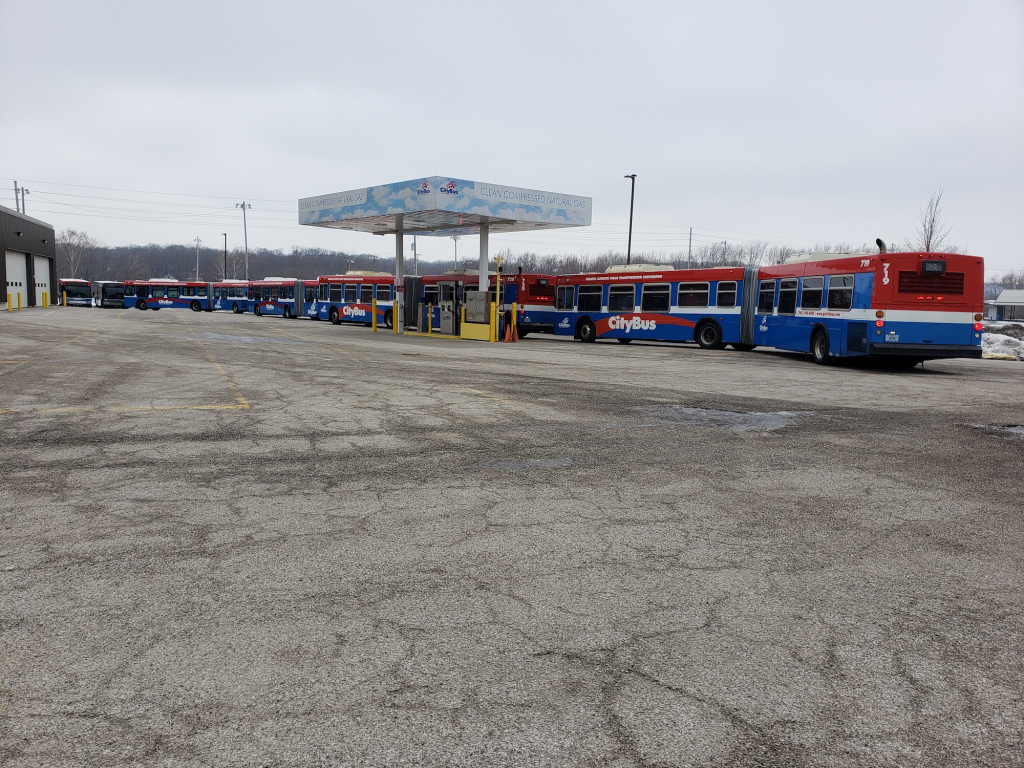 Here’s a fleet of refurbished articulated buses waiting to be cleaned, fueled and lined up to start the next day.