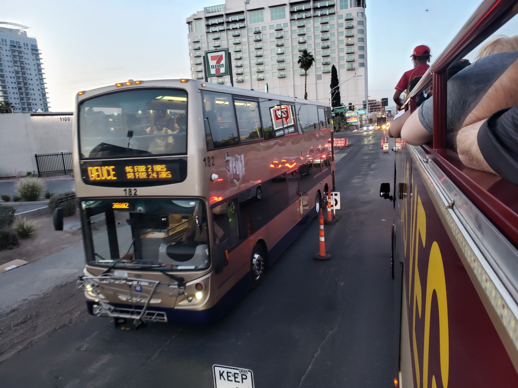 Picture of the Deuce double-decker bus, taken from atop another double.