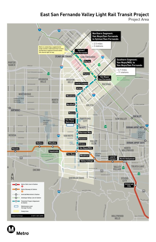 A map of the proposed East San Fernando Valley Light Rail Transit Project shows the potential route from Van Nuys to Sylmar in Los Angeles.