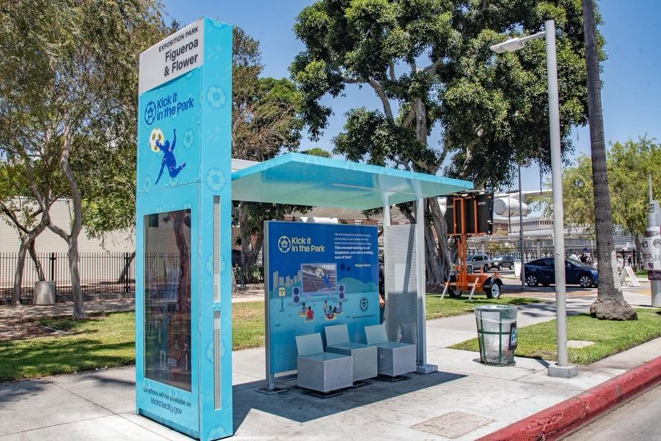 A sunshade at a La Metri bus stop themed after the FIFA World Cup.