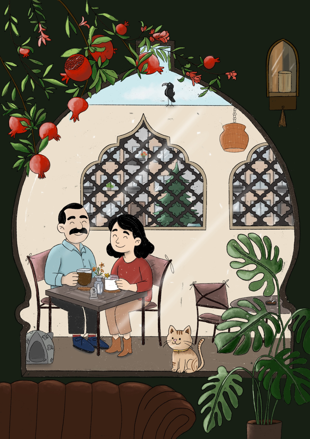 Drawing of Iranian couple sitting at traditional cafe.