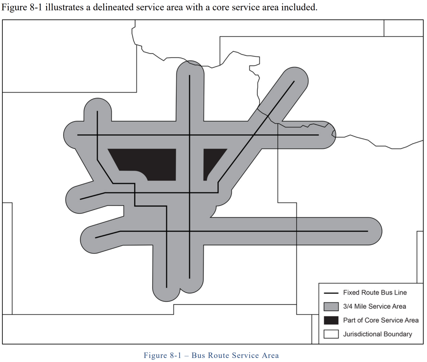 An image of a transit route, with a light gray buffer indicating the areas paratransit must reach.