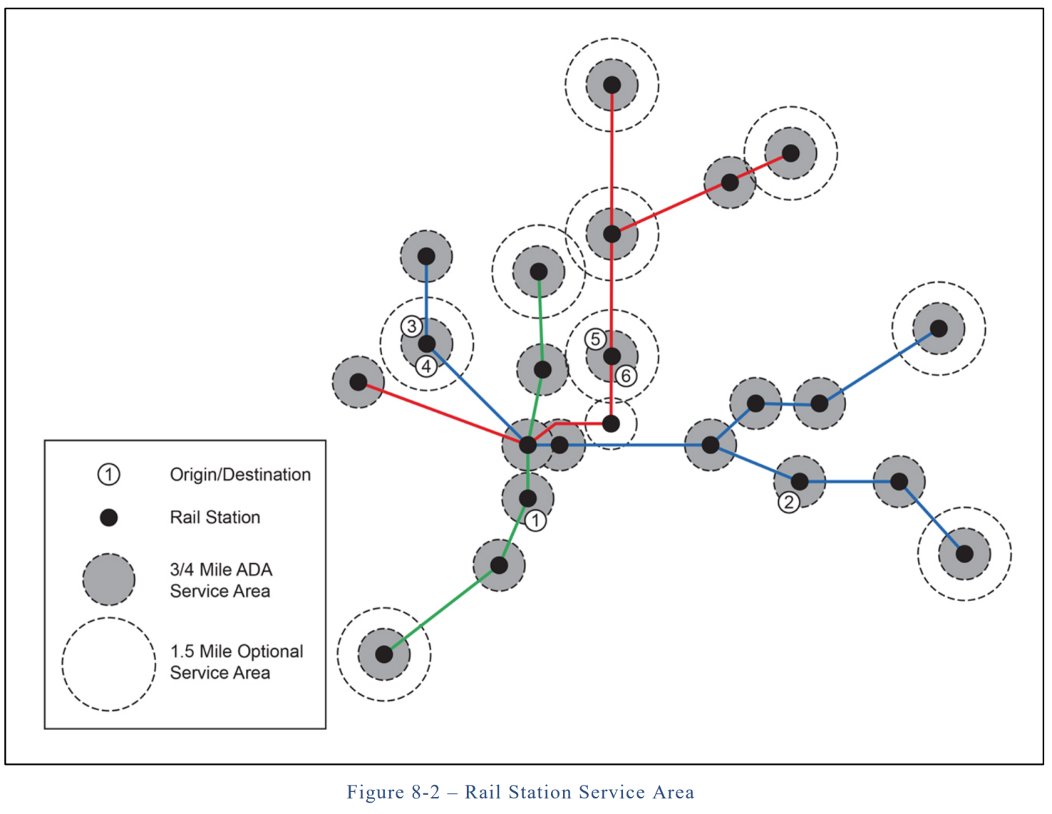 A map of rail stations with light gray buffers where paratransit must reach.