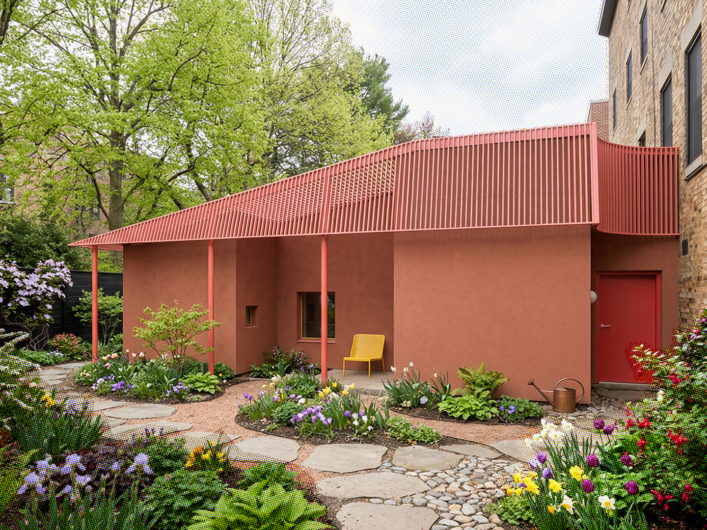 A rendering of a red ADU surrounded by flowers.