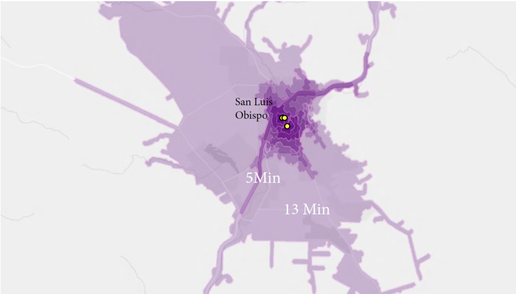 A map showing a large area around San Luis Obispo shaded in purple, with the city center at the center of the map.