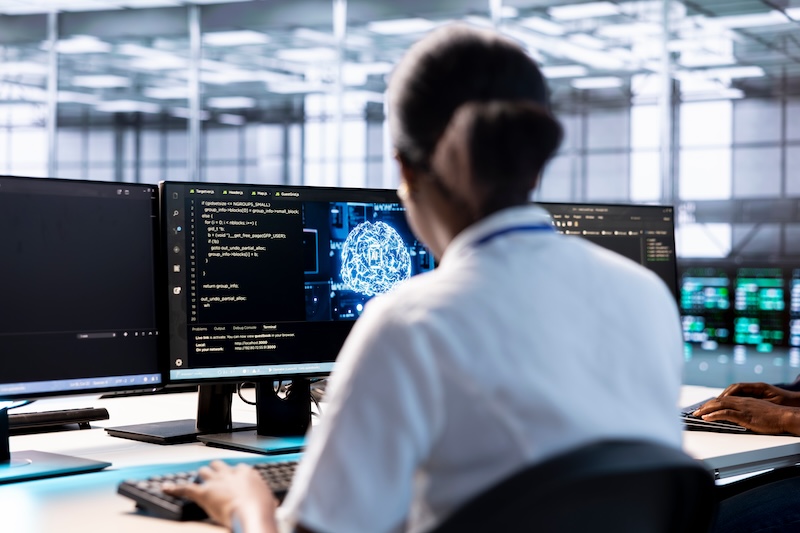 Woman at desk in data center using AI software.