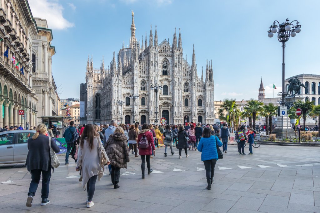 Pedestrian area in central Milan, Italy in front of cathedral.