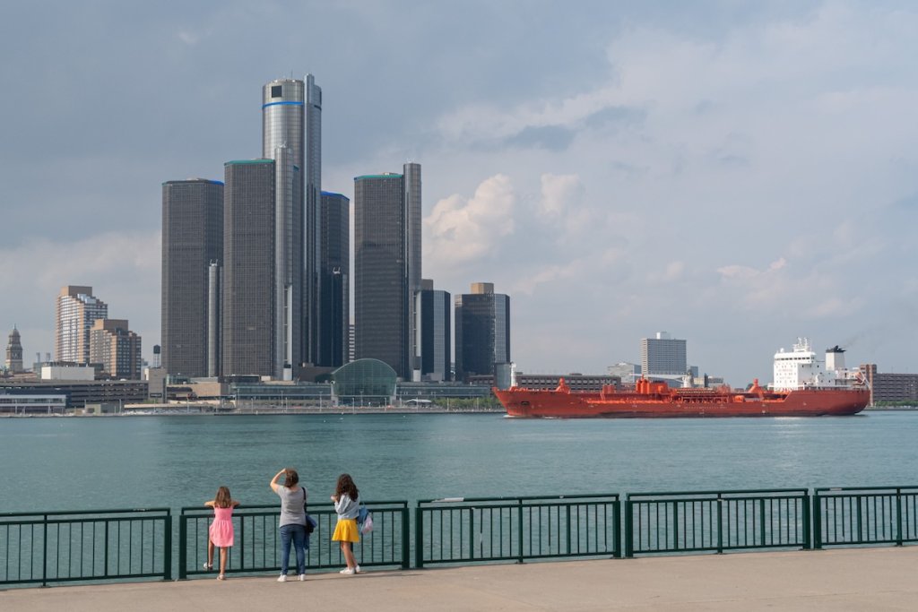 View of the Detroit Skyline with a ship in Windsor, Ontario.