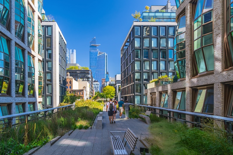 The High Line park in New York City, elevated former rail line turned into public linear park.