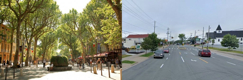 A side-by-side comparison of streets. The photo on the left depicts a green and active pedestrian street. The photo on the right depicts a bleak, car-oriented street.