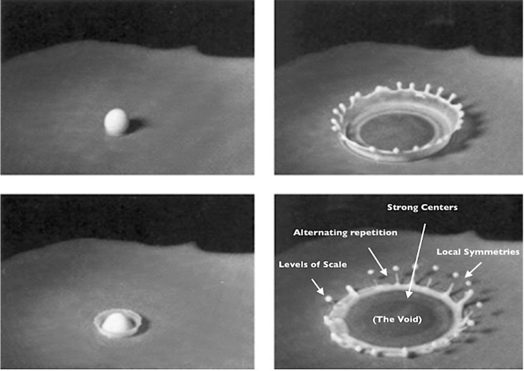 A series of slow-motion images showing a something dropping into water, sending a droplet into the air and a ripple across the surface. 