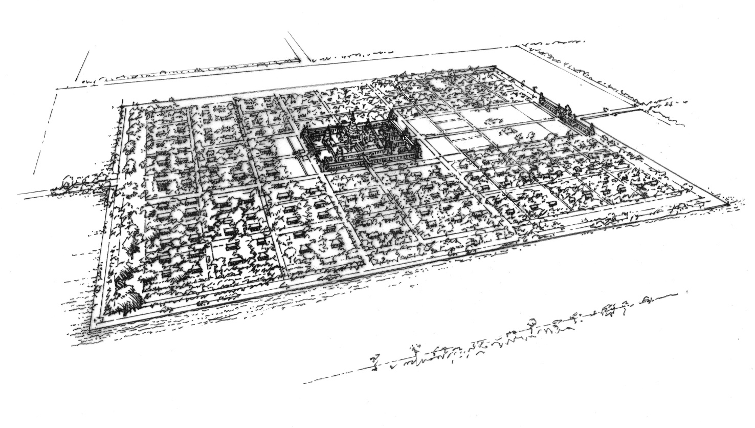 A pencil drawing of Angkor, with a large structure in the middle, surrounded by smaller dwellings with a grid-like road structure. 