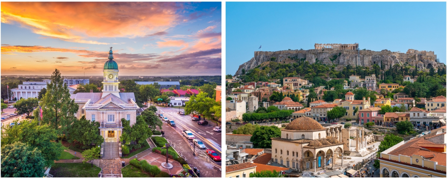 Side by side photos of Athens, Georgia and Greece.