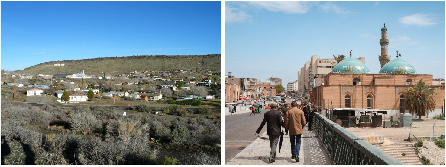 Side by side photos of  Bagdad, Arizona and Baghdad, Iraq.
