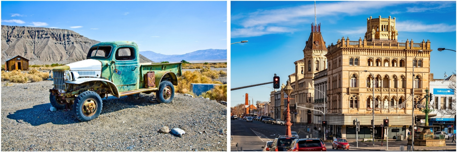 Side by side photos of  Ballarat, California and Australia.