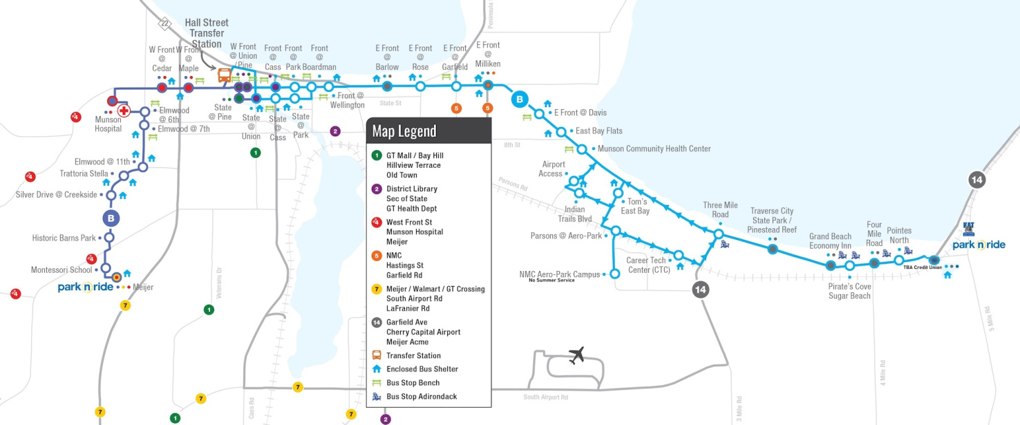 Map of Bayline transit service in Traverse City, Illinois.