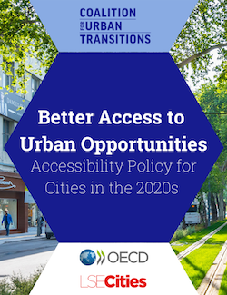 The cover of the "Better Access to Urban Opportunities: Accessibility policy for cities in the 2020s" report shows the title over a background of a walkable, green urban environment.