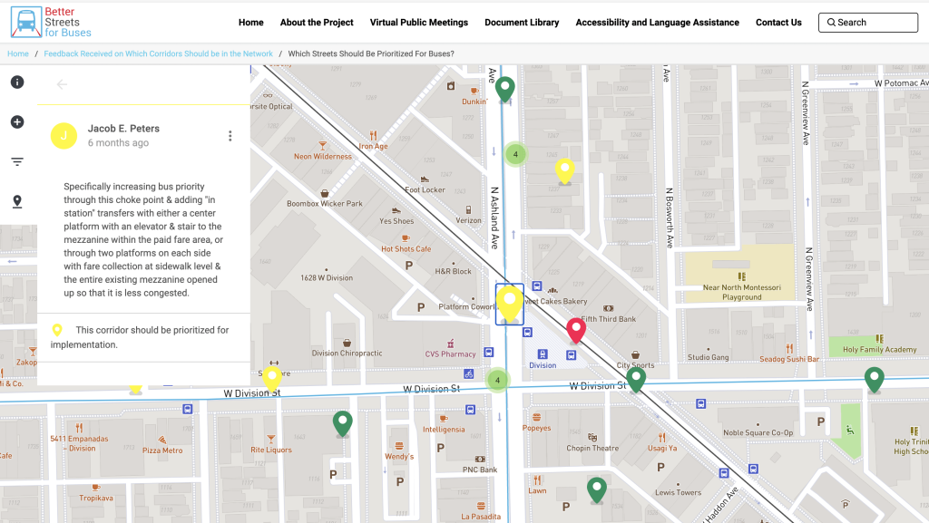 A map of streets in Chicago with notes added about how to improve the street.