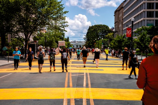 Protestors gather in support of the Black Lives Matter movement at Black Lives Matter Plaza in Washington, D.C.