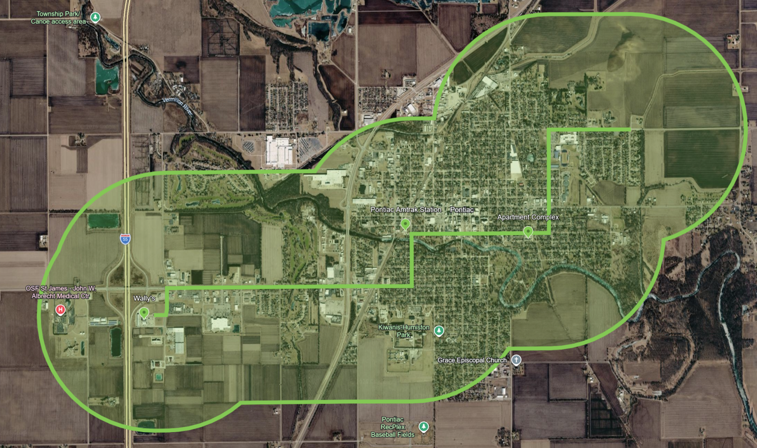 A map showing where paratransit must reach based on the above route.