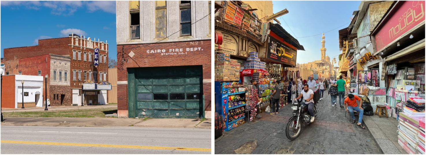 Side by side photos of  Cairo, Illinois and Egypt.